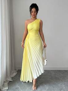 Modelyn Yellow Sleeveless Asymmetric Neck Pleated Ombre Dress For Women - Yellow - View 6