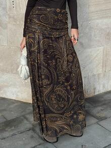 Livesso 宽松休闲度假风时尚棕色波西米亚海滩几何花卉复古印花褶裥网纱拼接A字裙，春夏款 - 棕色 - 查看 2