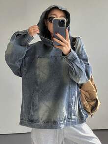 DAZY Women's Hooded Loose Long Sleeve Casual Denim Top - Medium Wash - View 2