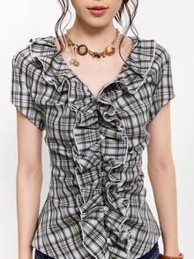 Retro Plaid Print Ruffle Hem Stretchy Fitted Blouse - Grey - View 7
