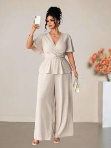 Elenzga Elegant Plus Size Apricot Knitted Deep V Neck Ruffle Hem Short Sleeve Long Pants Two Piece Set - Apricot - View 3