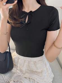 FRIFUL Camiseta ajustada de verano con cuello redondo, adorno de lazo y calado - Negro - Ver 4