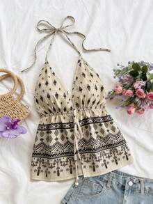 INAWLY Tie-Up Bow Backless Geometric Print Camisole For Women - Multicolor - View 1