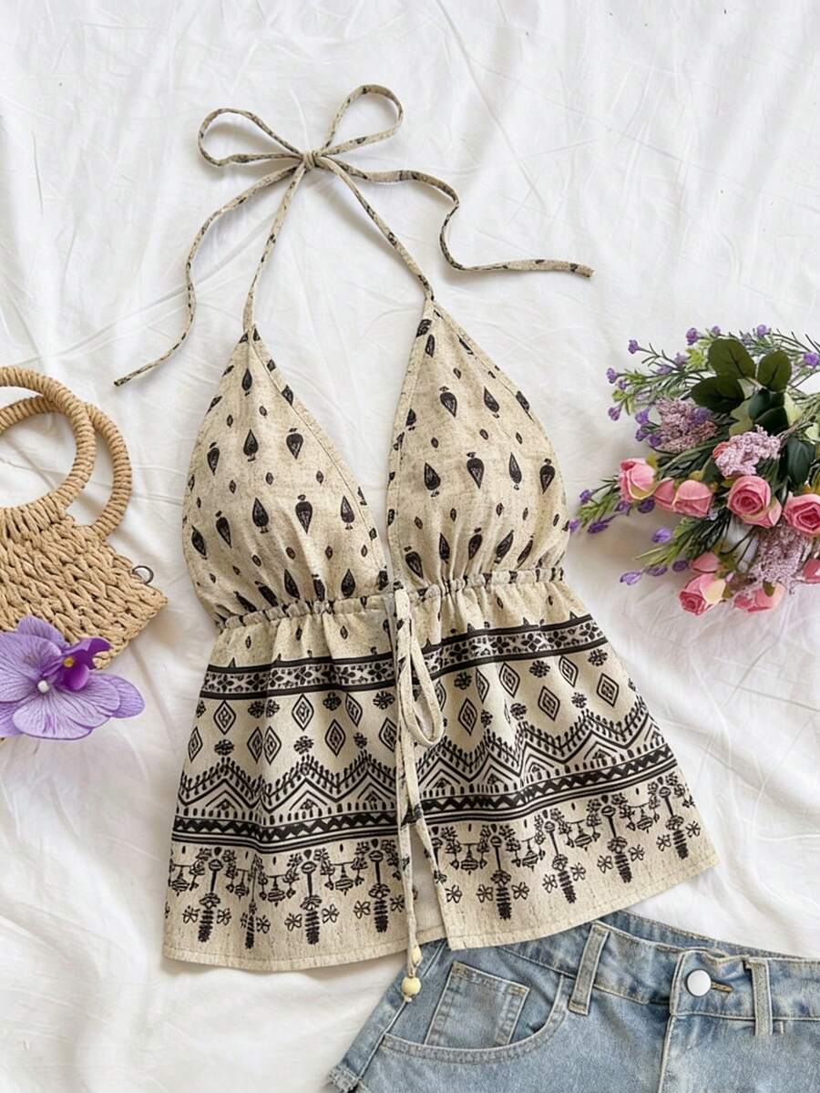 INAWLY Tie-Up Bow Backless Geometric Print Camisole For Women - Multicolor - View 1