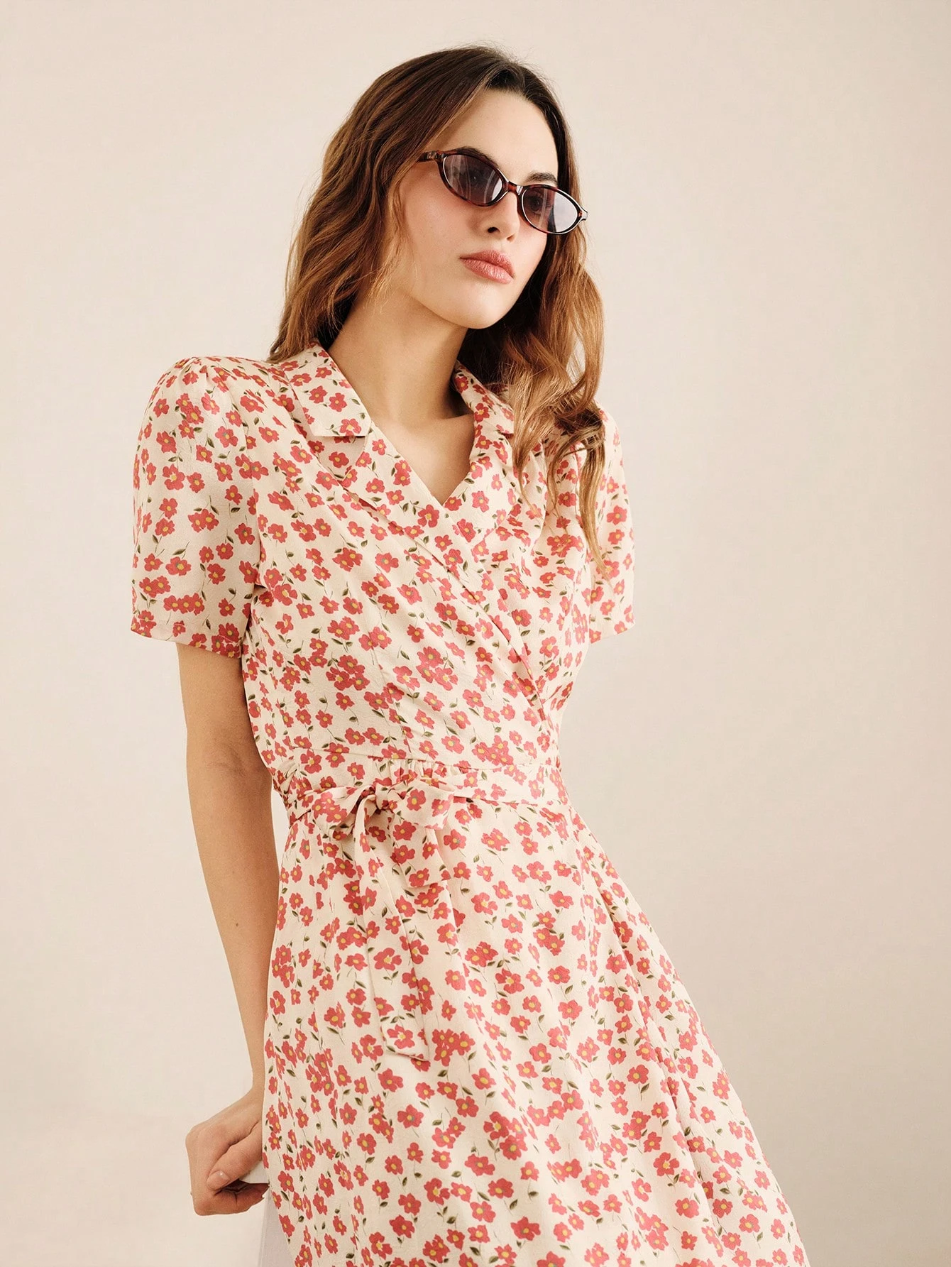 Floral Wrap Dress With Short Sleeves And Tailored Collar Elegant Spring Summer Style French Style Parisian Style Vacation Dress