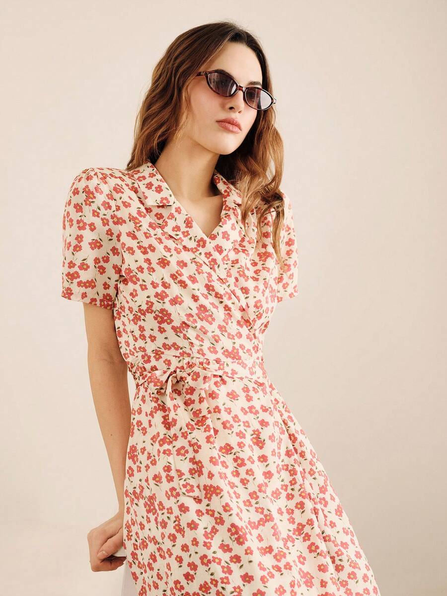 lacRébo Floral Wrap Dress With Short Sleeves And Tailored Collar Vintage Elegant Dress Spring Summer Style French Style Parisian Style Vacation Dress - Multicolor - View 1