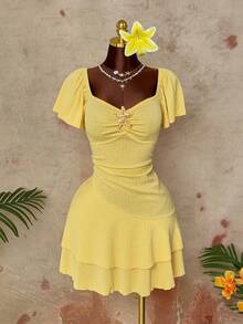 Sunspun Casual Elegant Minimalist French Style Short Sleeve Ruffle Sleeve Starfish Metal Decor Fitted A-Line Jacquard Fabric Yellow Summer Vacation Plus Size Women Dress - Yellow - View 5