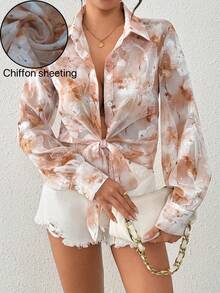 Rafferiza Áo kiểu tay dài bằng vải chiffon in họa tiết, khoét eo, đính đá lấp lánh, buộc dây ở gấu áo. - Nhiều màu - Xem 9