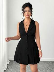SHEIN PETITE CURVE Vestido elegante y de moda con cuello de solapa, sin mangas y con dobladillo plisado para mujer - Negro - Ver 5