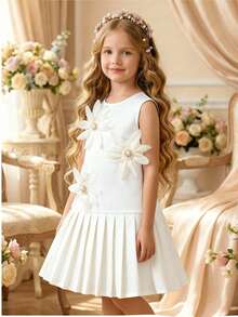 SHEIN Young Girl Round Neck 3D Floral Decor Pleated Fashionable Chic Party/Vacation Dress - Apricot - View 3
