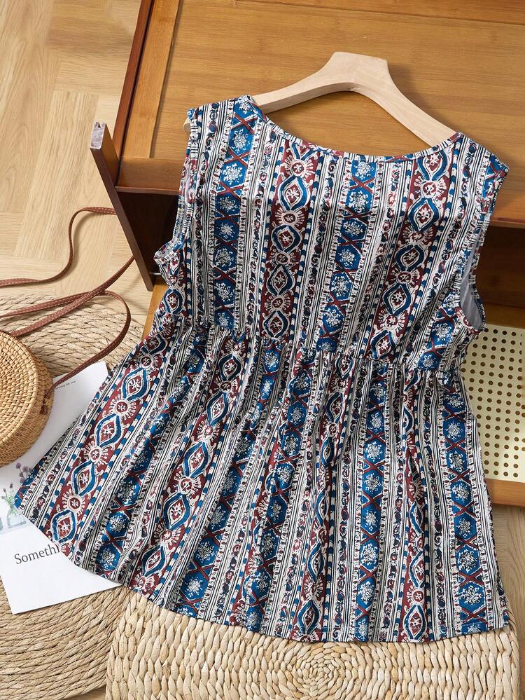 Plus Size Women Summer Beach Vacation Allover Print Sleeveless Babydoll Tank Top Summer Tops Summer Outfits Summer Clothes  Spring  Spring Outfit Women Spring Clothes Country Style For Women