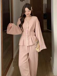 DAZY Sweet Polka Dot Allover Print Chiffon Fabric Lace Trim Women Pajama Set - Pink - View 7