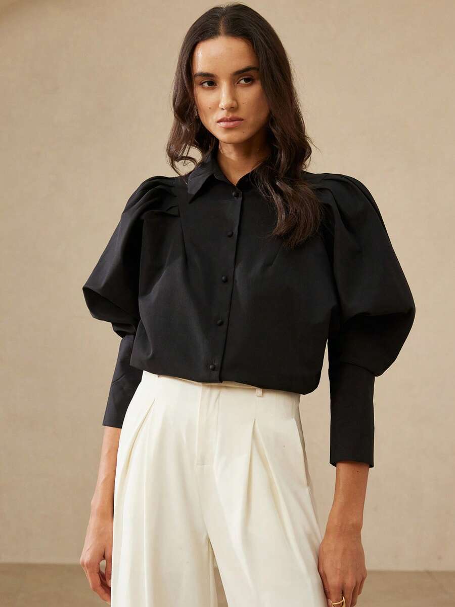 Aveloria Rosie New Stylish Elegant Commuter Exaggerated Batwing Sleeve Long Sleeve Blouse Top - Black - View 1