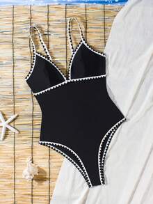 Swim Chiccia 1 bộ đồ bơi liền thân dành cho nữ, màu đen trắng, chất liệu vải có họa tiết, thích hợp cho kỳ nghỉ, tiệc tùng, đi biển. - Đen và trắng - Xem 3
