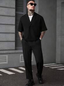 SLATEMANN Áo sơ mi nam tay ngắn màu trơn tối giản phong cách thường ngày - màu đen - Xem 5