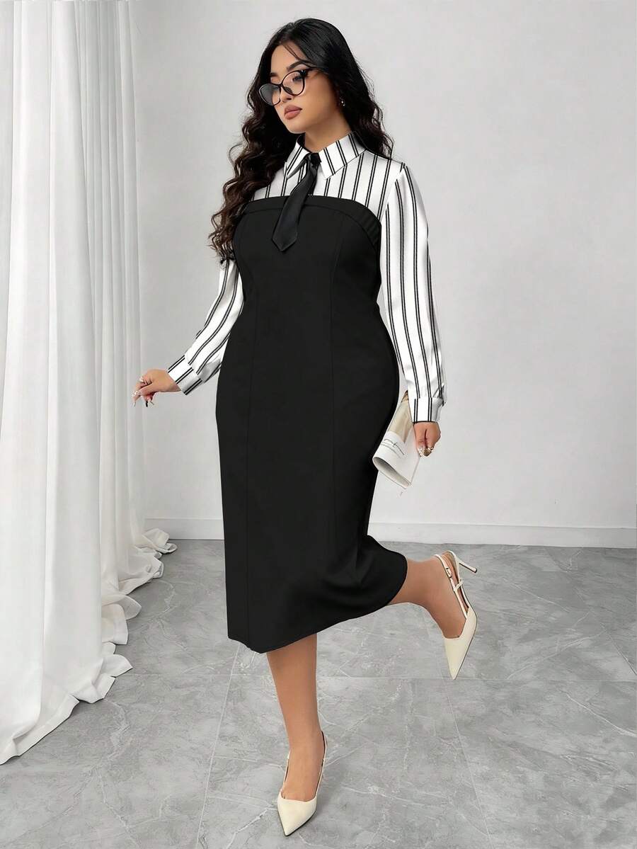 SHEIN Elenzya 大码商务休闲黑色衬衫领长袖中长连衣裙 春秋季长袖修身条纹拼接中长连衣裙 大码纯色长袖简约休闲长裙 女士日常长裙 教师装 - 黑與白 - 查看 1