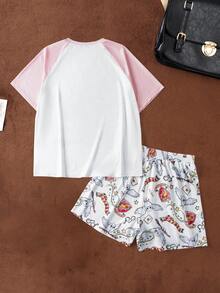 HARRY POTTER X SHEIN 女士极简印花短袖上衣和短裤睡衣套装 - 白色 - 查看 2