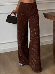 DAZY Women's Regular Waist Rhinestone Embellished Loose Straight Leg Casual Brown Jeans - Brown - View 6