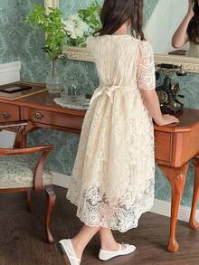 DAZY Tween Girls Summer New Arrival Elegant Round Neck Embroidered Waist Cinched High-Waist Lace Dress - Apricot - View 6