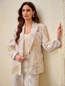 ZEYLAH Printed & Embroidered Mandarin Collar Single-Breasted Suit Jacket, Spring/Summer - Apricot - View 6