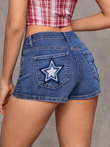 Jeanoix Women's Fashion Casual Y2K Embroidered Skinny Denim Shorts - Dark Wash - View 3