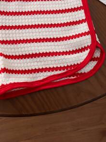 SHEIN Genkimix Kids 女童夏季新款简约黑白条纹黑色抽绳拼接连体裤，饰有蝴蝶结，休闲运动风连体衣 - 紅色 - 查看 3