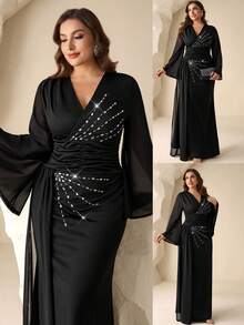 Coutiva 优雅黑色长袖钻石装饰晚礼服 - 黑色 - 查看 3