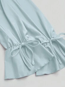 Sweetra Plus Size Women's Off-Shoulder Red Metal Decor Cinched Waist Fitted Short Ruffle Hem Long Sleeve Summer Dress - Sky Blue - View 7