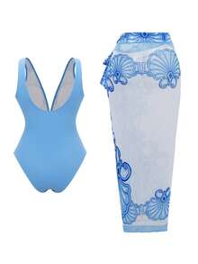 Swim Oasis 女士蓝白碎花性感沙滩泳装套装，夏季 - 藍色 - 查看 2