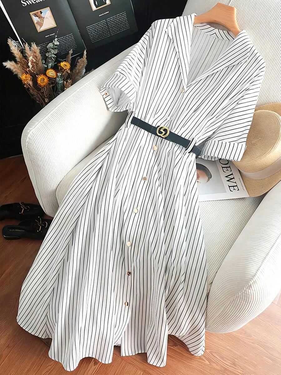 GlowEve Women's Casual Commuter Striped Front Button Mid-Length Dress, Summer - Multicolor - View 1