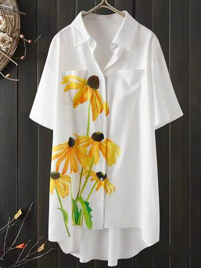 SHEIN Elenzya 女士时尚纯色印花衬衫领休闲中长衬衫裙，春夏款