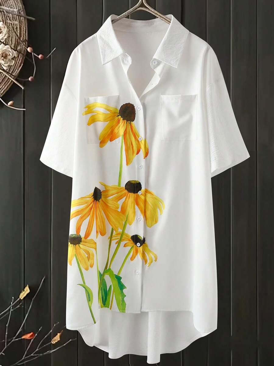 SHEIN Elenzya Đầm sơ mi cổ bẻ màu trơn thời trang dành cho nữ, kiểu dáng midi, họa tiết hoa, thích hợp cho mùa xuân/hè. - trắng - Xem 1