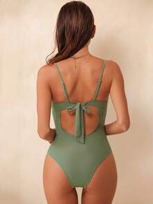 Swim Chiccia Ladies' One-Piece Swimsuit With A Hard Cup And A Shell Pattern; Casual And Sporty. - Army Green - View 2