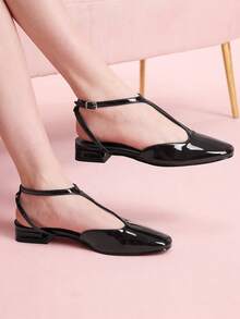 CUCCOO DOLLMOD 女士方头舒适时尚T字带黑色平底鞋，休闲通勤优雅复古风，适合春季、工作、婚礼等场合。 - 巧克力棕 - 查看 4