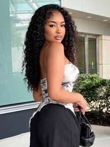 Alexandranx 带侧抽绳的抹胸，不对称下摆，复古印花抹胸，秋季上衣，上衣，外出上衣，紧身上衣 - 黑與白 - 查看 6