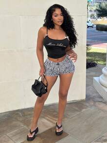 Alexandranx Women Fashionable Letter Rhinestone Embellished Bow Tie Camisole Top - Black - View 4