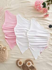 Summer Tops Teen Girl 3pcs Solid And Floral Print One Shoulder Asymmetric Hem Ruched Casual Versatile Date Top Flower Tube Top Summer Teen Top Squishy Girls Tube Top - Multicolor - View 2
