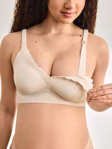 女士无缝V领蕾丝舒适聚拢可拆卸衬垫孕妇哺乳文胸 - 粉色 - 查看 1