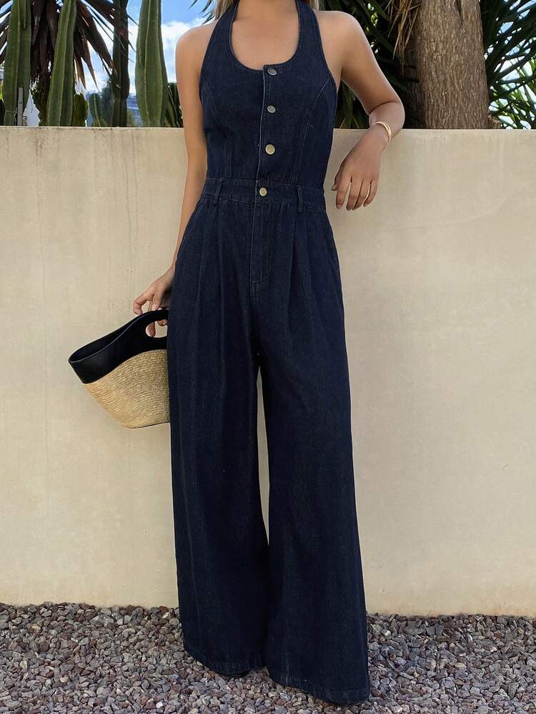 Women's Stylish Halter Neck Casual Denim Jumpsuit And Overalls Vacation Spring
