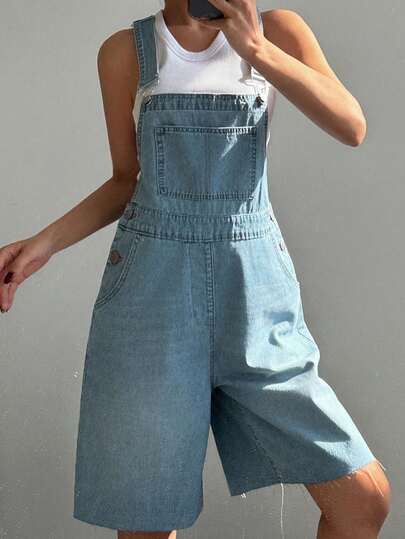 DAZY Women's Loose Casual Denim Bib Shorts, Street Style Relaxed Fit Dungaree Shorts And Jumpsuit