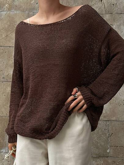 DAZY 宽松纯色露肩长袖薄针织衫，女士休闲度假装，春秋季