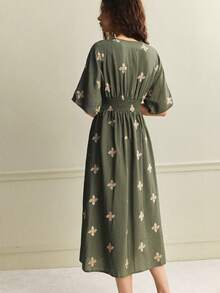 Écloséra 女士优雅刺绣连衣裙，法式复古风中长连衣裙，春夏款 - 軍綠色 - 查看 6