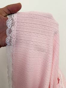 Sweetra Plus Size Textured Fabric Fitted Lace Patchwork Long Sleeve T-Shirt And Midi Skirt 2-Piece Set - Pink - View 7