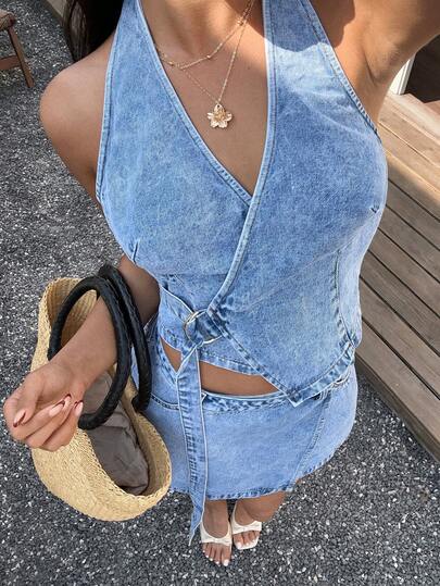 Sunnyshic Women's Casual Vacation Halter Top And Denim Skirt Set
