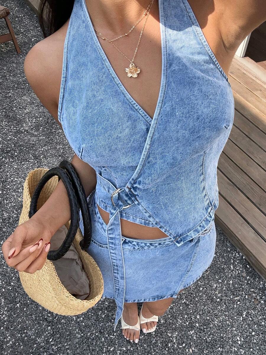 Sunnyshic 女士休闲度假露背上衣和牛仔裙套装 - 藍色 - 查看 1