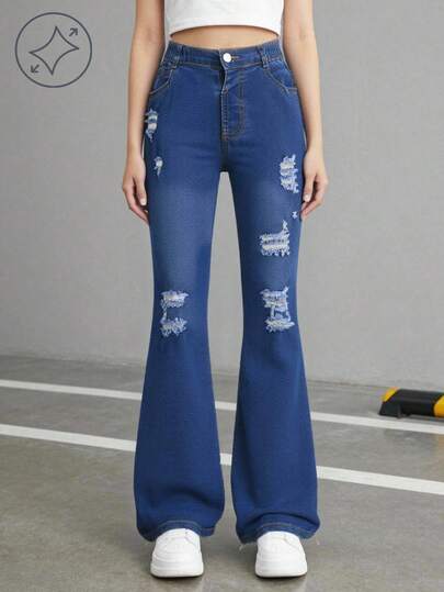 少女牛仔裤，休闲简约百搭风格，弹力面料，深蓝色水洗，街头时尚，破洞喇叭裤腿设计，百搭新品