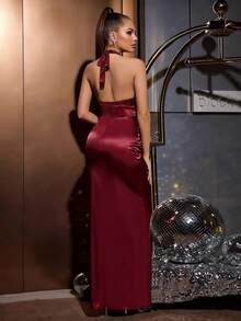 Glamine Women's Elegant Burgundy Satin V-Neck Long Dress,Summer Off-Shoulder Sash Back Dinner Party Dress For Ladies,New Year's Eve Christmas Red Gown - Red - View 2