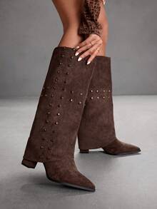CUCCOO SZL 简约尖头过膝高跟靴，秋冬季时尚休闲之选 - 咖啡棕 - 查看 4
