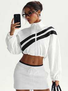 SHEIN Dewbera Color Block Full Zip Drawstring Hem Sports Jacket, Suitable For Spring And Autumn - White - View 2
