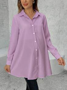 SHEIN Maternity Solid Color Long Sleeve Single-Breasted Casual Long Shirt - Mauve Purple - View 4